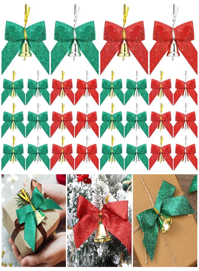 Glitinsel 48 Pcs Christmas Mini Bows with Bells Glitter Bows Christmas Tree Decorations 24 Red and 24 Green 2 x 1.5 Inch for Gift Wraps Premade for Wreath Ornaments Crafts - Image 1